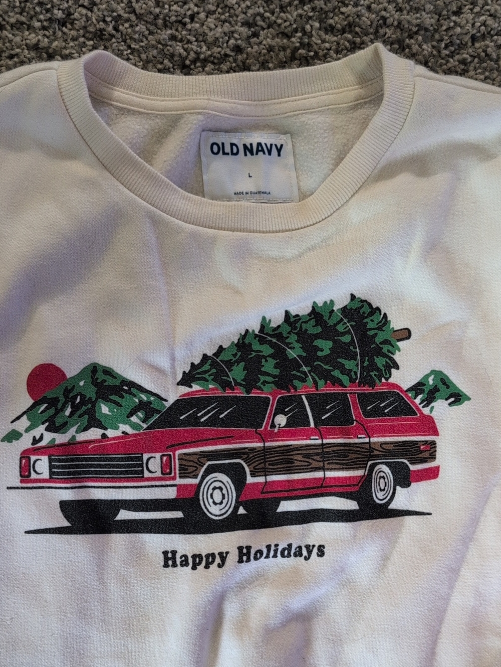 Old Navy Cream Sweatshirt with Red Wagon and Green Tree Graphic